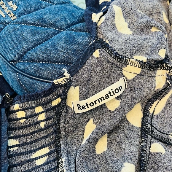 Reformation Navy White Print Mini Dress Long Sleeve Sweetheart Neck Size 4 - Picture 9 of 9